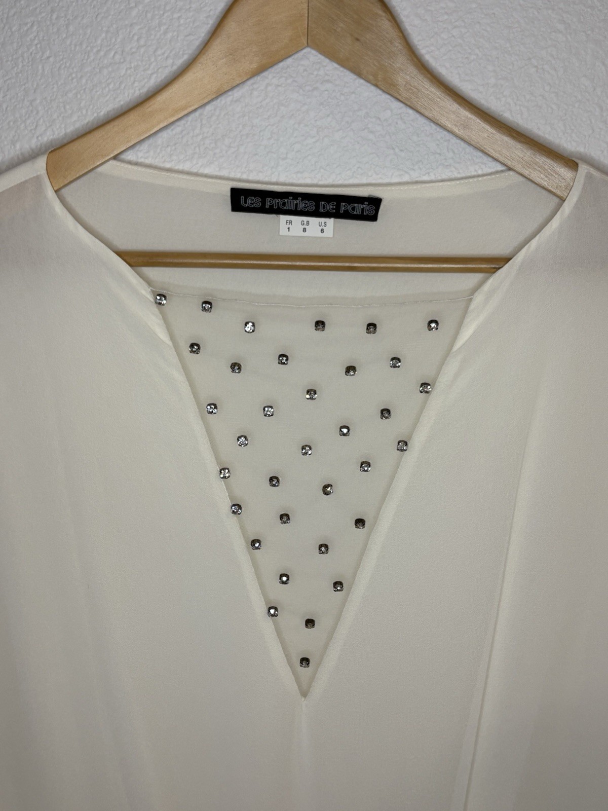 LES PRAIRIES DE PARIS 100% Silk Rhinestone Plunging Dress Ivory Pleated 6