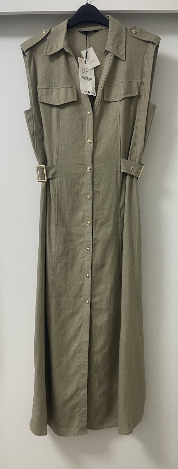 ZARA KHAKI COLLARED V-NECK LINEN BLEND FITTED WAIST MIDI SHIRT DRESS SIZE S BNWT