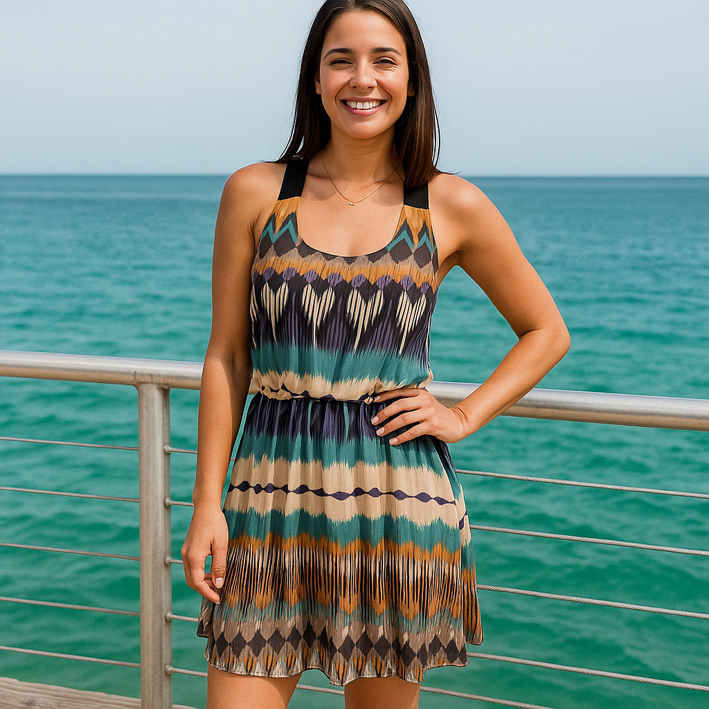 TRAC Sundress Women Medium Aztec Print Blue Black Brown Lined Halter Dress Vacay