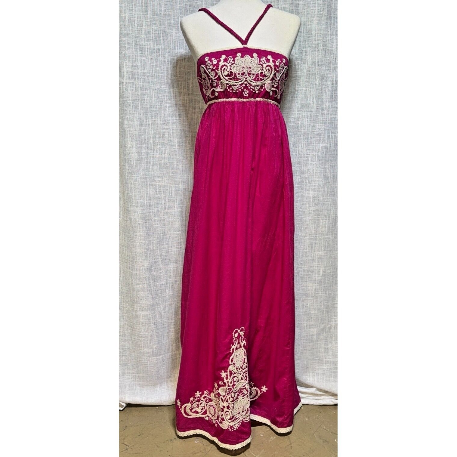 MM Couture Miss Me Maxi Dress Womens M Pink Embroidered Boho Halter MMCD0325