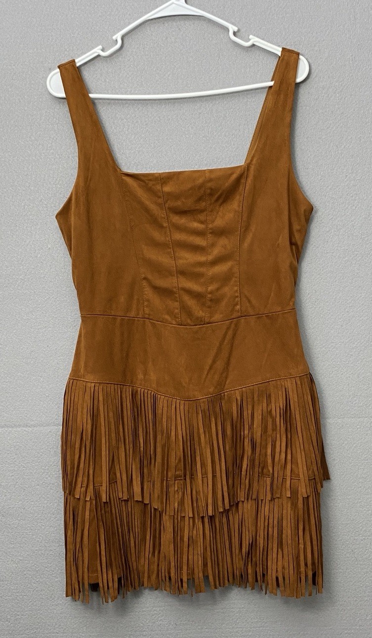 Trixxi brown L squareneck fringe tassel hem western-style faux suede dress
