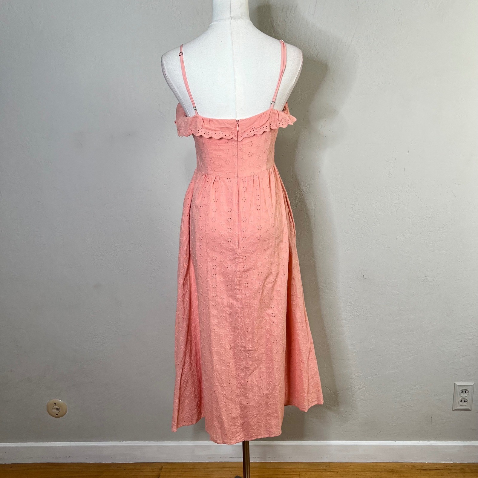 Lulus Peach Pink Eyelet Cotton Midi Dress Ruffle Sweetheart Bustier Pockets S