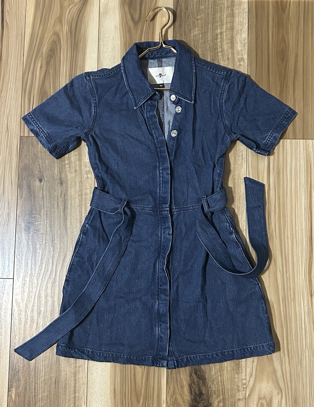 7 For All Mankind Lustre Blue Denim Button Down Shirt Dress with Tie Belt