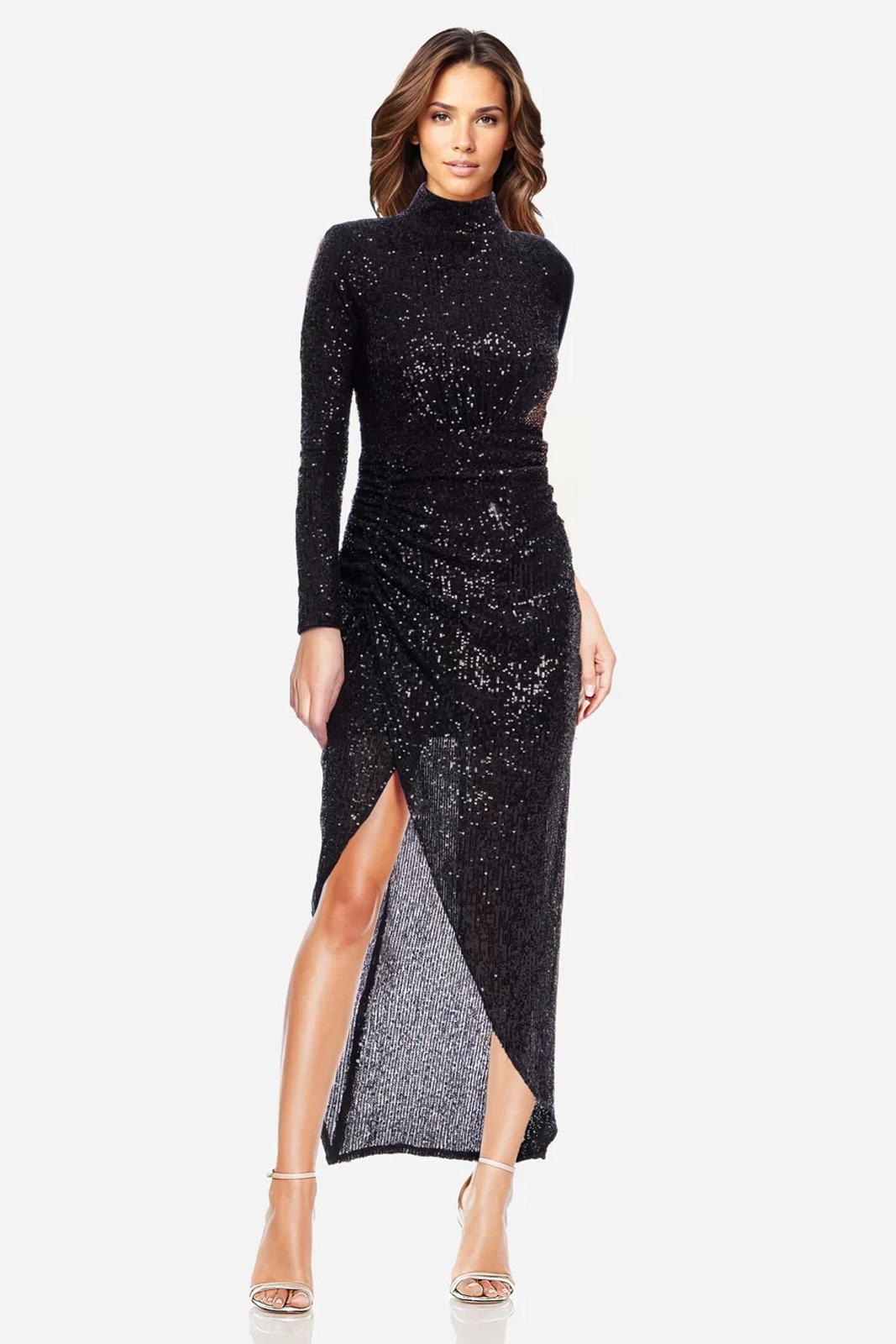 $650 One33 Social Badgley Nako Modest Long Sleeve Dress sz 8 Black LBD Prom