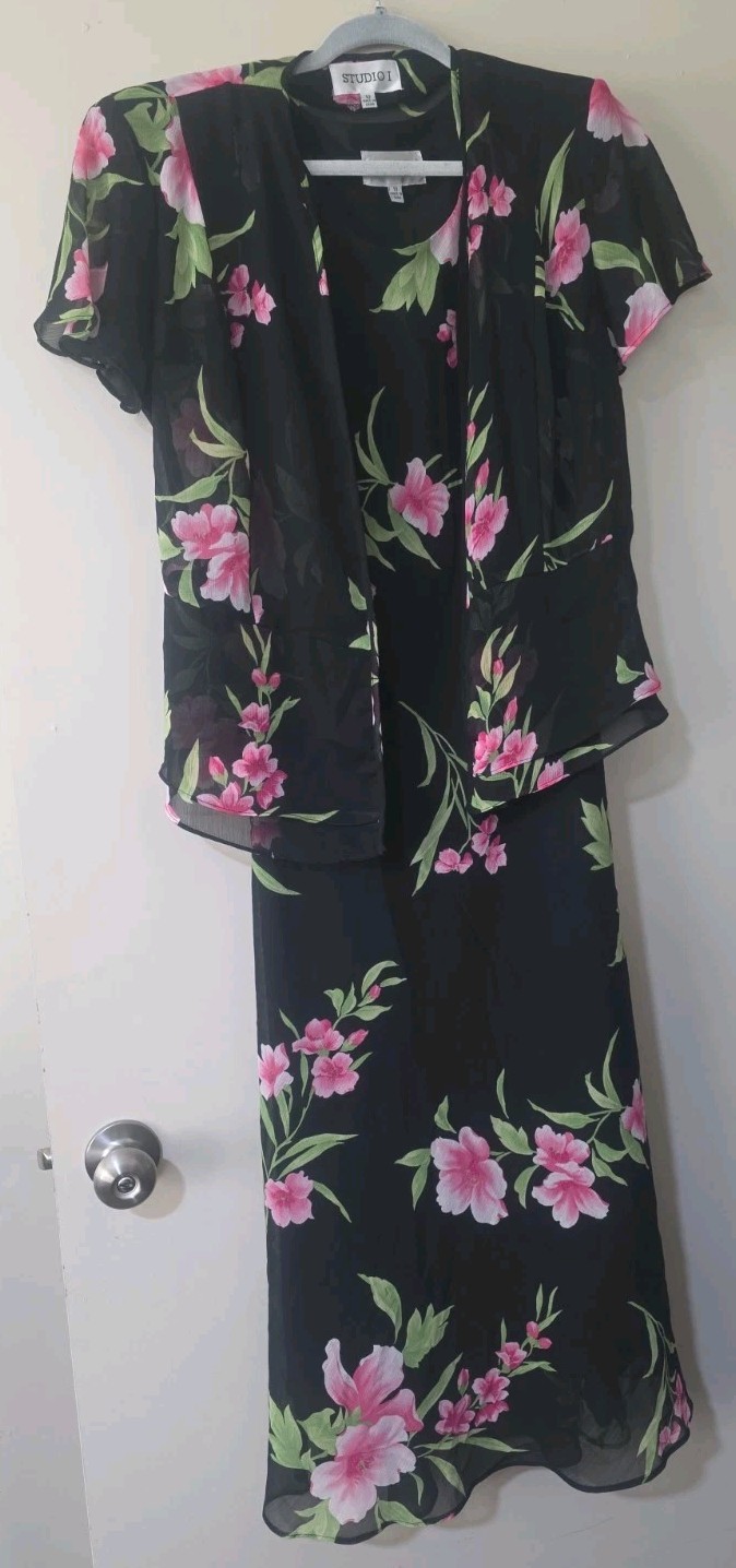 Vtg Studio 1 One Fairy Sheer Tank Maxi Dress Jacket 2pc Blk Pink Floral Sz 10