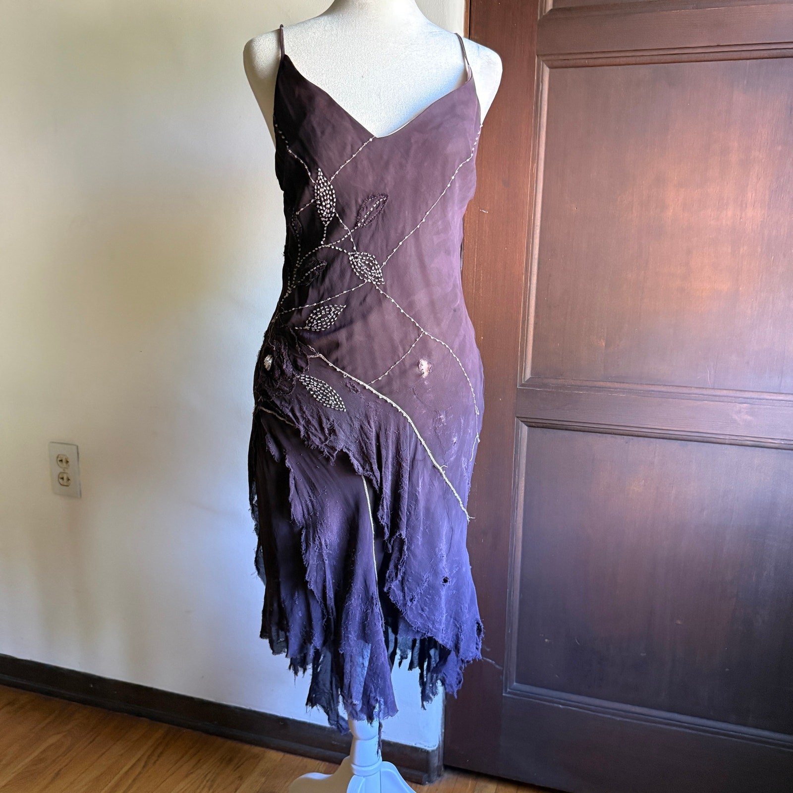 90s Vintage Bias Cut Embroidered Purple Handkerchief Hem Shredded Dress Small