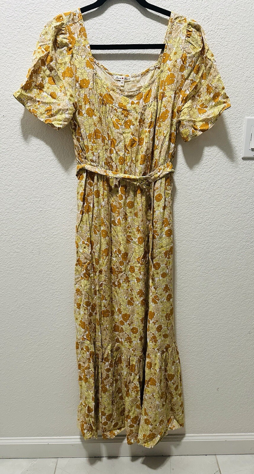 Haven Hearts Yellow Retro Style Floral Dress M With Belt