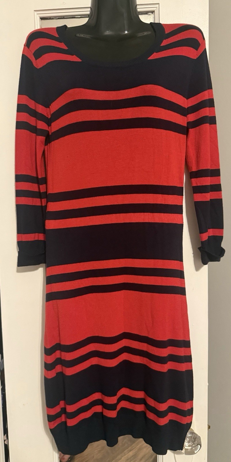 French Connection Red Black Striped Knit Sweater Dress 6 Scoop Neck 3/4 Sleeve