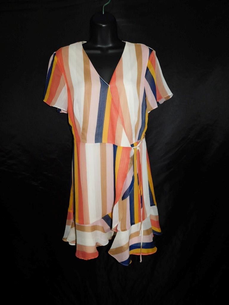 All in Favor S NWT Rust Pink Blue Striped True Wrap Dress Mini Short Sleeve Sm
