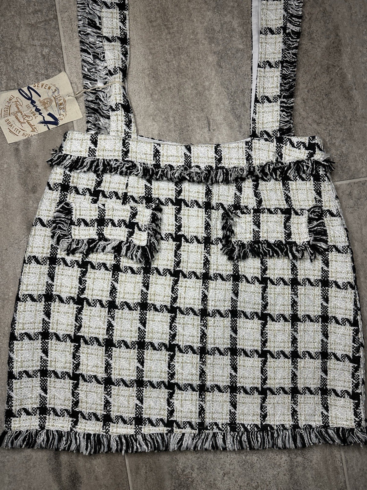 Seven7 Tweed Suspender Mini Skirt NWT Women’s Large Black White Plaid Fringe Y2K