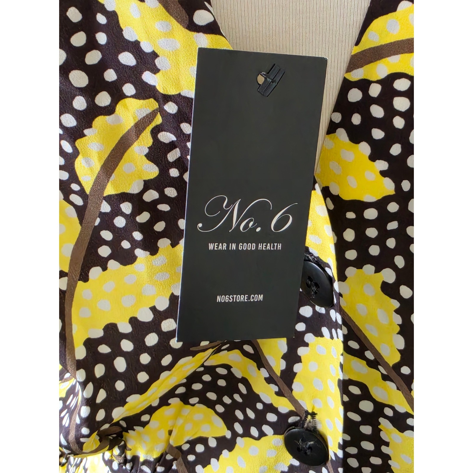 No.6 Store Button Back Dress Black Yellow Leaf Polka Dot Midi Pockets Size 2