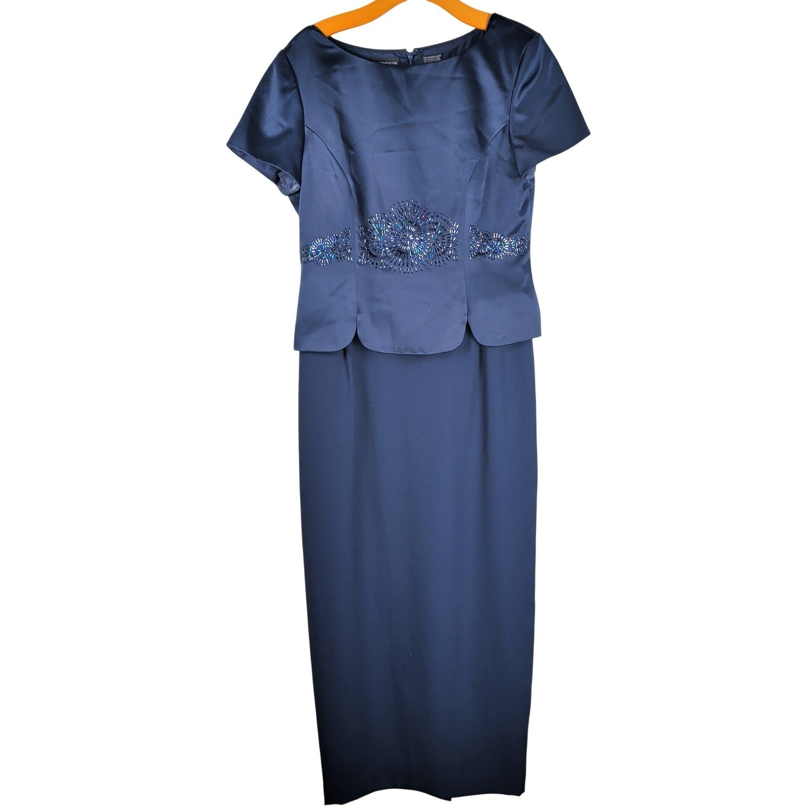 Liz Claiborne 90s Beaded Satin Peplum Column Maxi Dress 10 Navy Blue Formal Gown