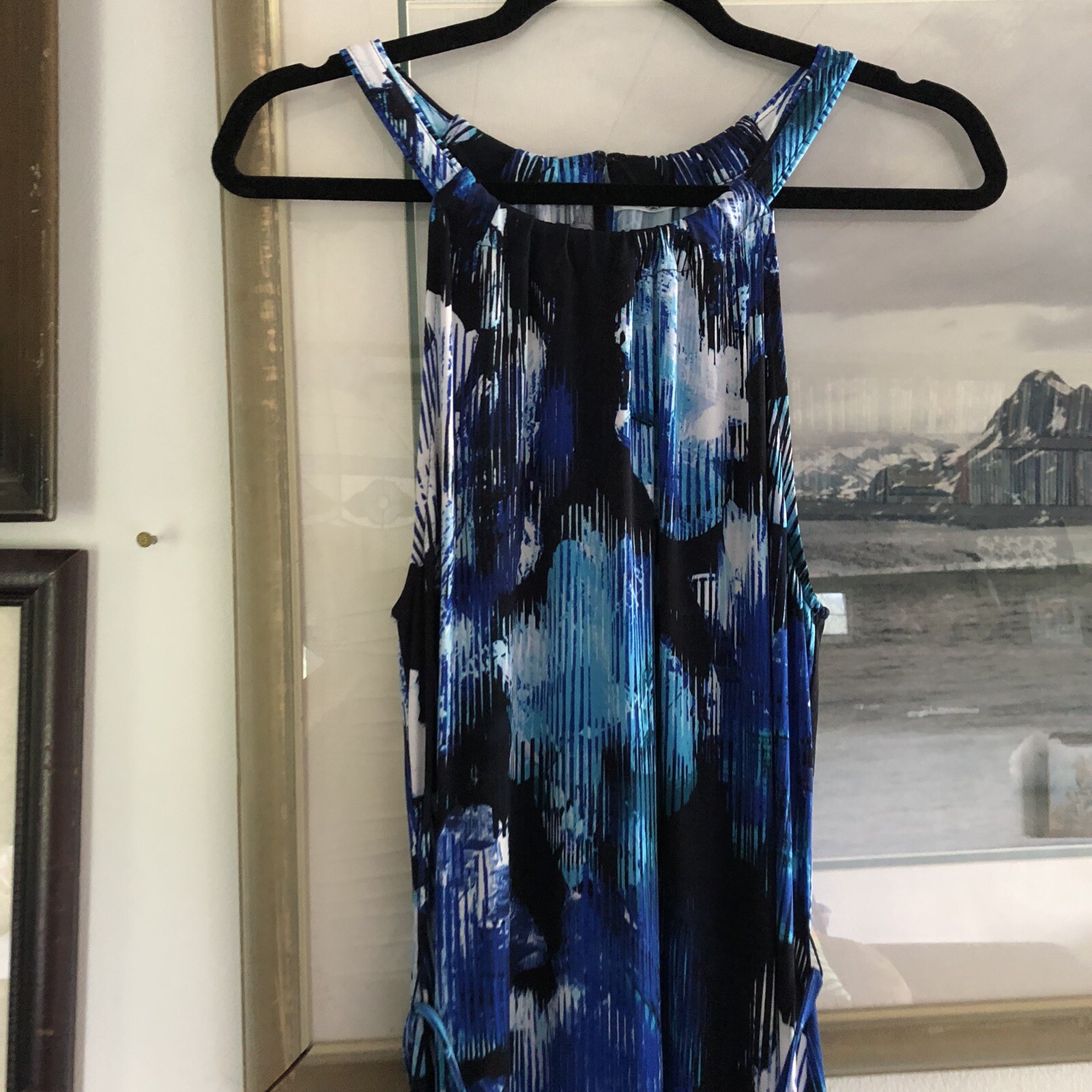 T Tahari Blue Black Abstract Floral Long Maxi Dress Sleeveless Sz M A2670