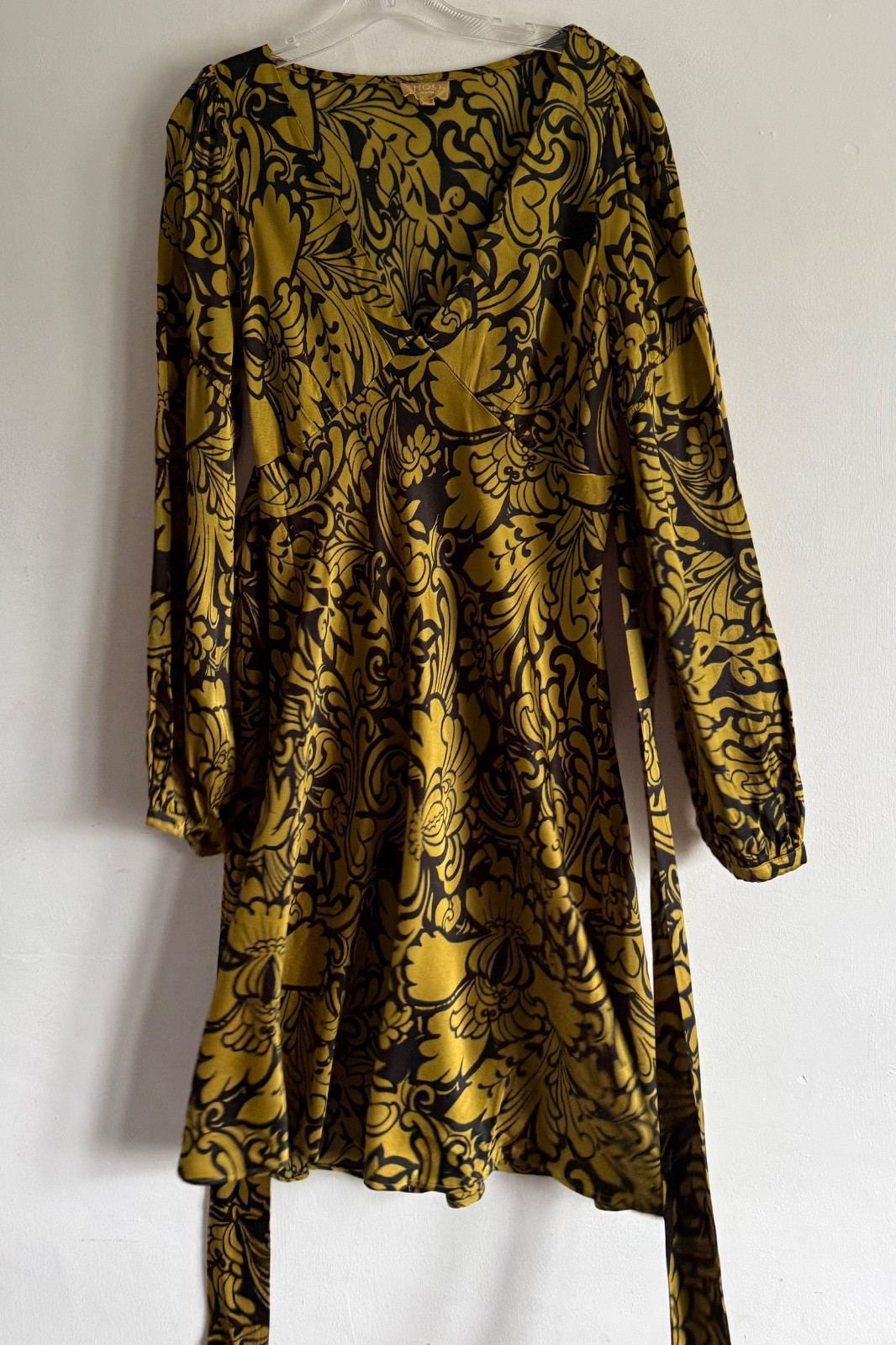 GHOST LONDON YELLOW & BLACK FLORAL PRINT LONG SLEEVES MIDI DRESS SIZE: LARGE