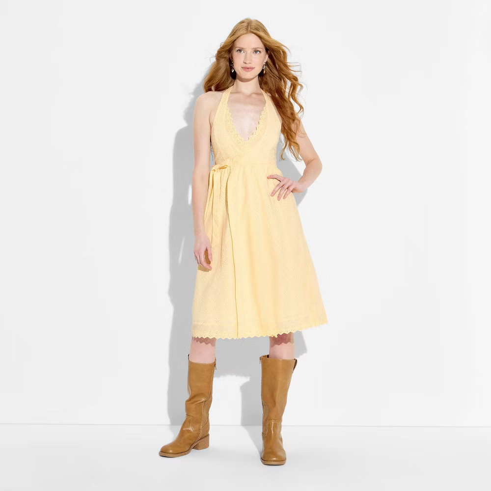 Women Eyelet Midi Wrap Dress – Wild Fable Light Yellow S