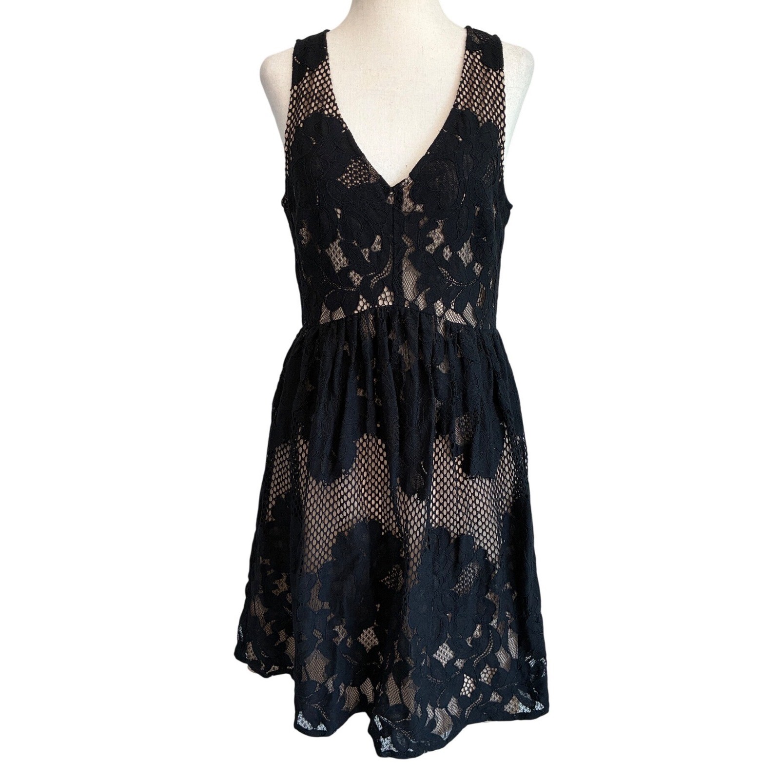 Ali & Jay Black Floral Lace Mesh V-Neck Fit & Flare Mini Dress Nude Lining M