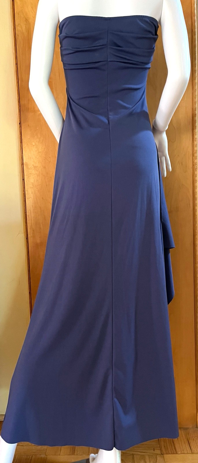 WOMEN’S NAVY BLUE RUCHED SIDE SLIT STRETCHY STRAPLESS LONG MAXI DRESS – M