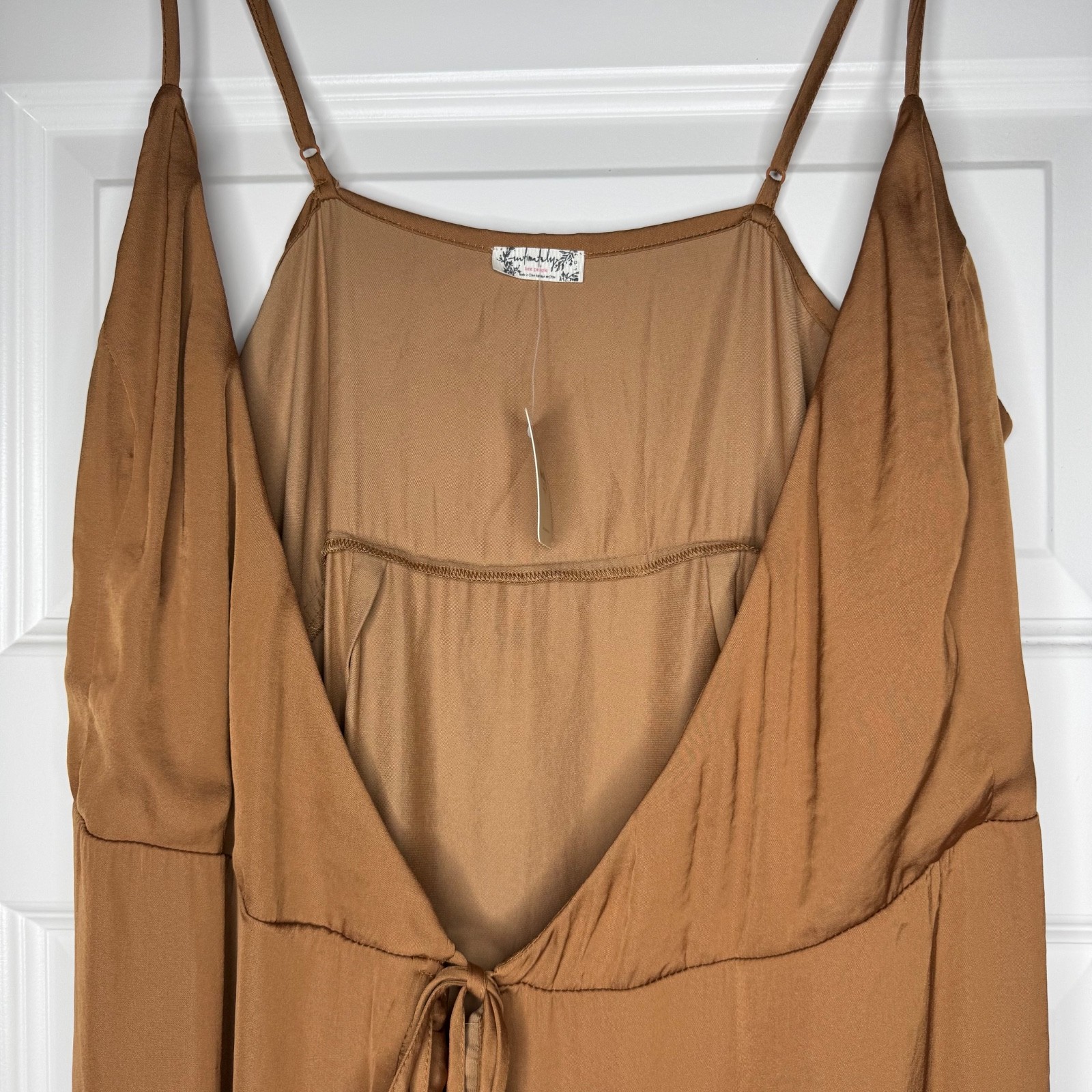 Free People All My Love Shine Mini Wrap Slip Dress Size Large Tan Brown NWT