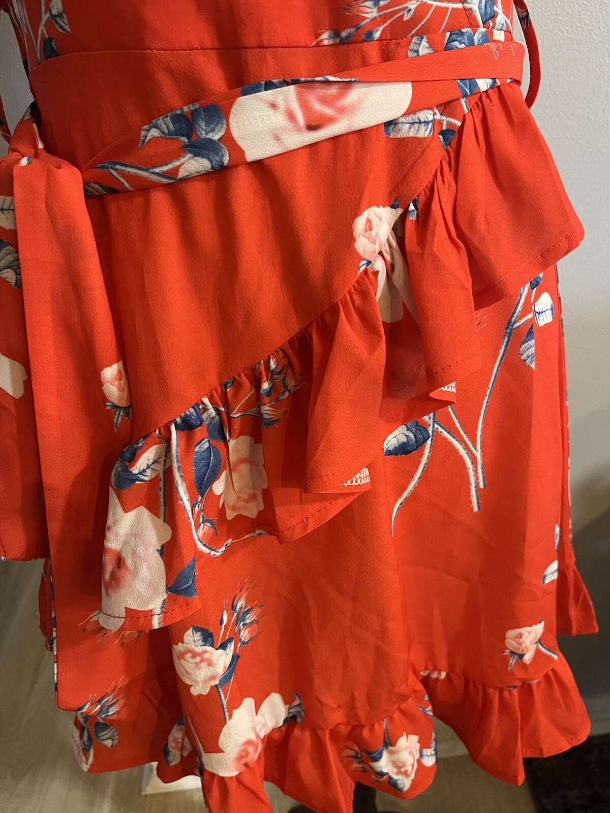 Locryz Women Small Dress Mini Wrap Cottagecore Blaze Orange Floral Romantic