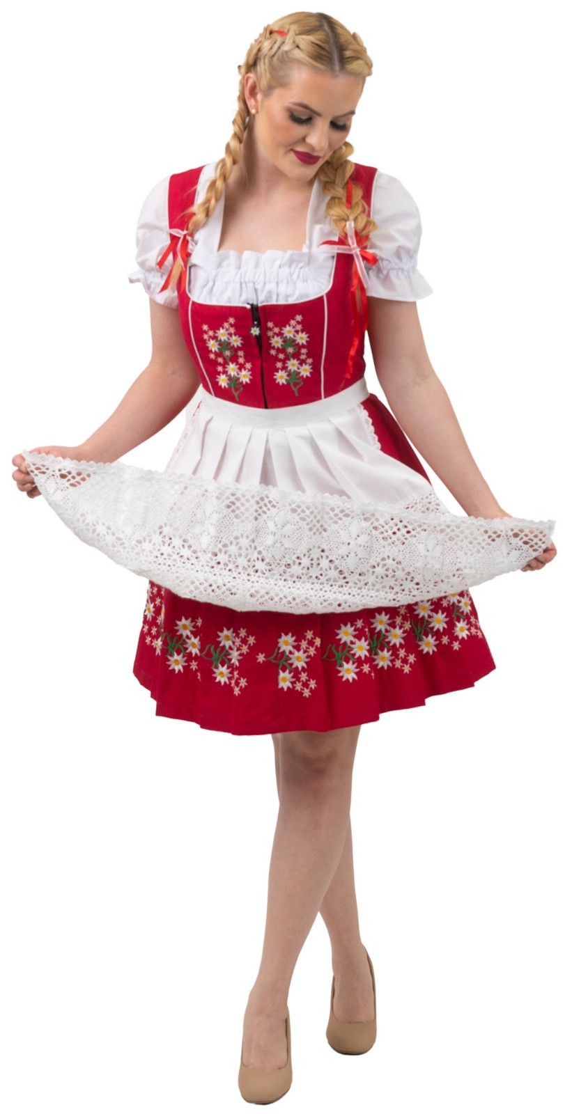 14 L Red German Dirndl Dress Short EMBROIDERED Oktoberfest COTTON 3 Pc SET