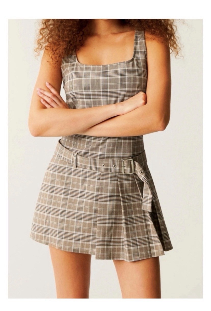 Pull&Bear Plaid Pleated Belted Mini Dress Size Medium New!