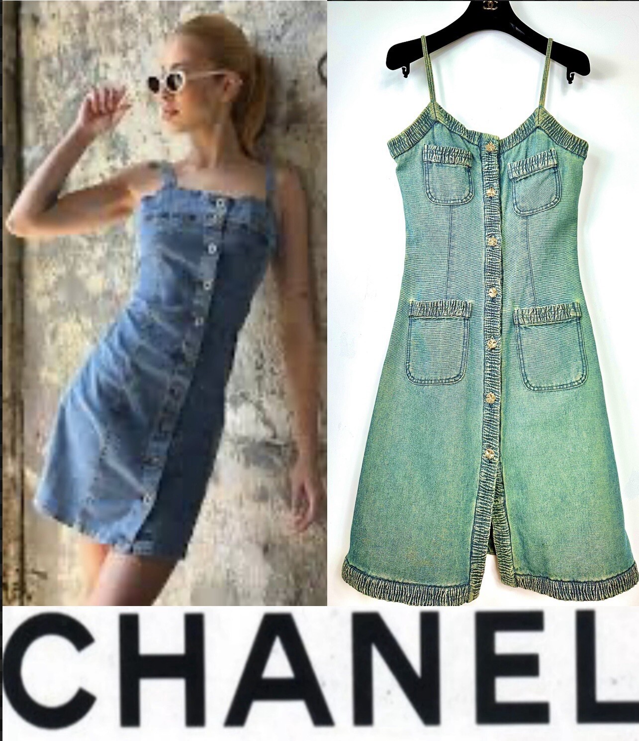 Chanel Vintage 2001 Barbie Blue Denim Midi Dress 36 38 4 6 Vtg Logo Button S M