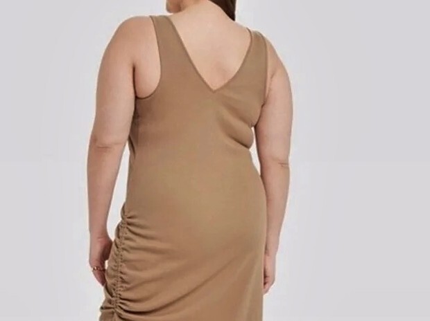 A New Day Womens Sleeveless Lt Brown Ruched Stretched Knit Dress 1X NEW/TAG
