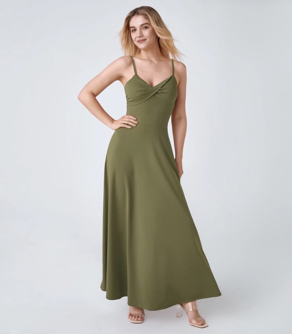 Halara Women’s Olive Green Twist Front U Back Flowy Maxi Dress Sz L 10 12