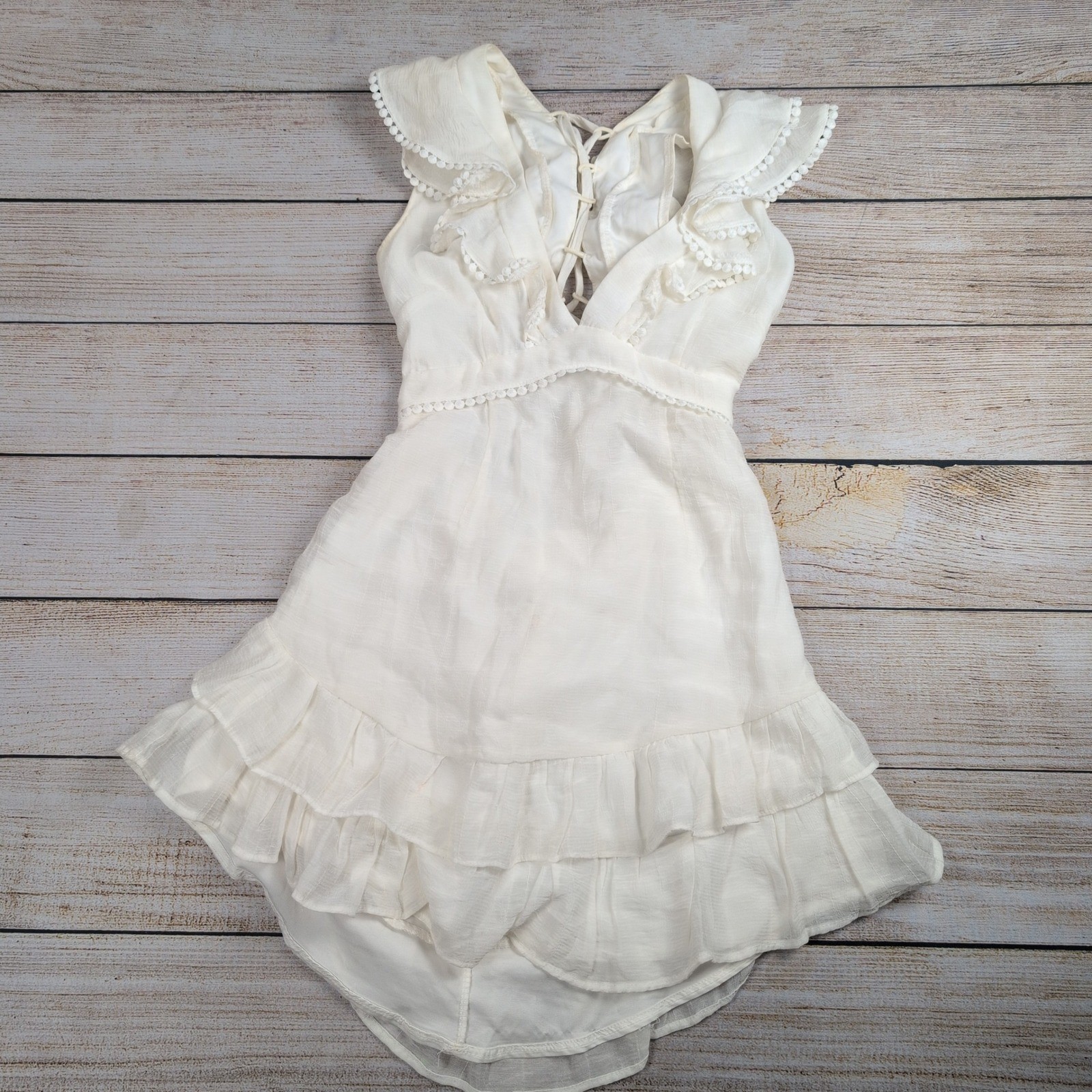 Saints + Secrets White Ruffle Lace Up Back Mini Dress | boho coquette Womens S