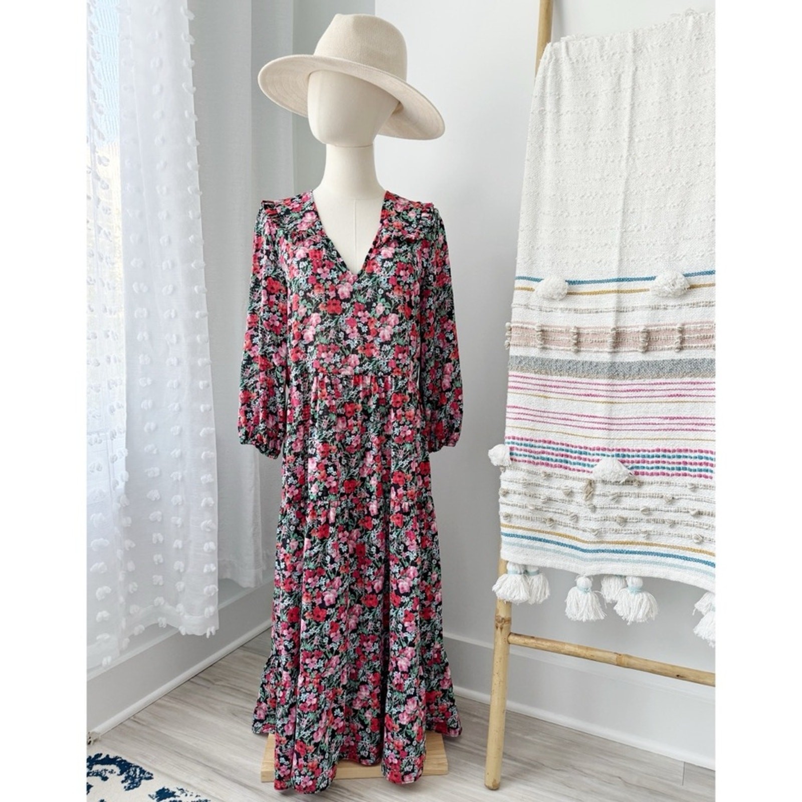 Zara Red Pink Black Green Floral Long Balloon Sleeves Midi Dress Women’s Small