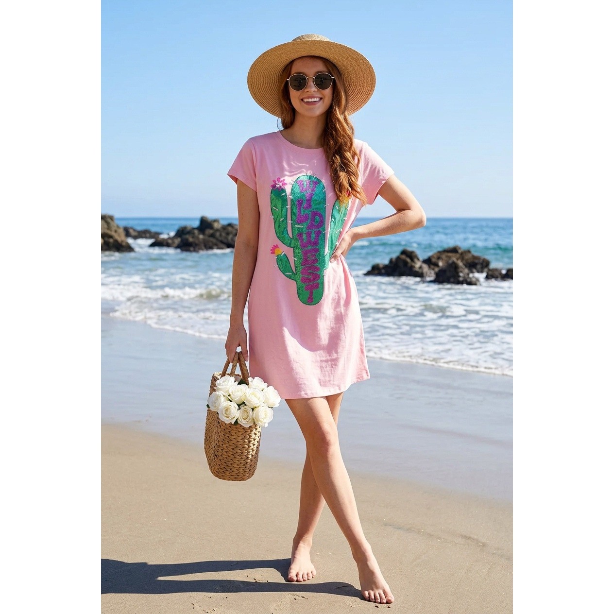 Fantastic Fawn Wild West Cactus Sequin T-Shirt Dress Pink Cotton Mini Large