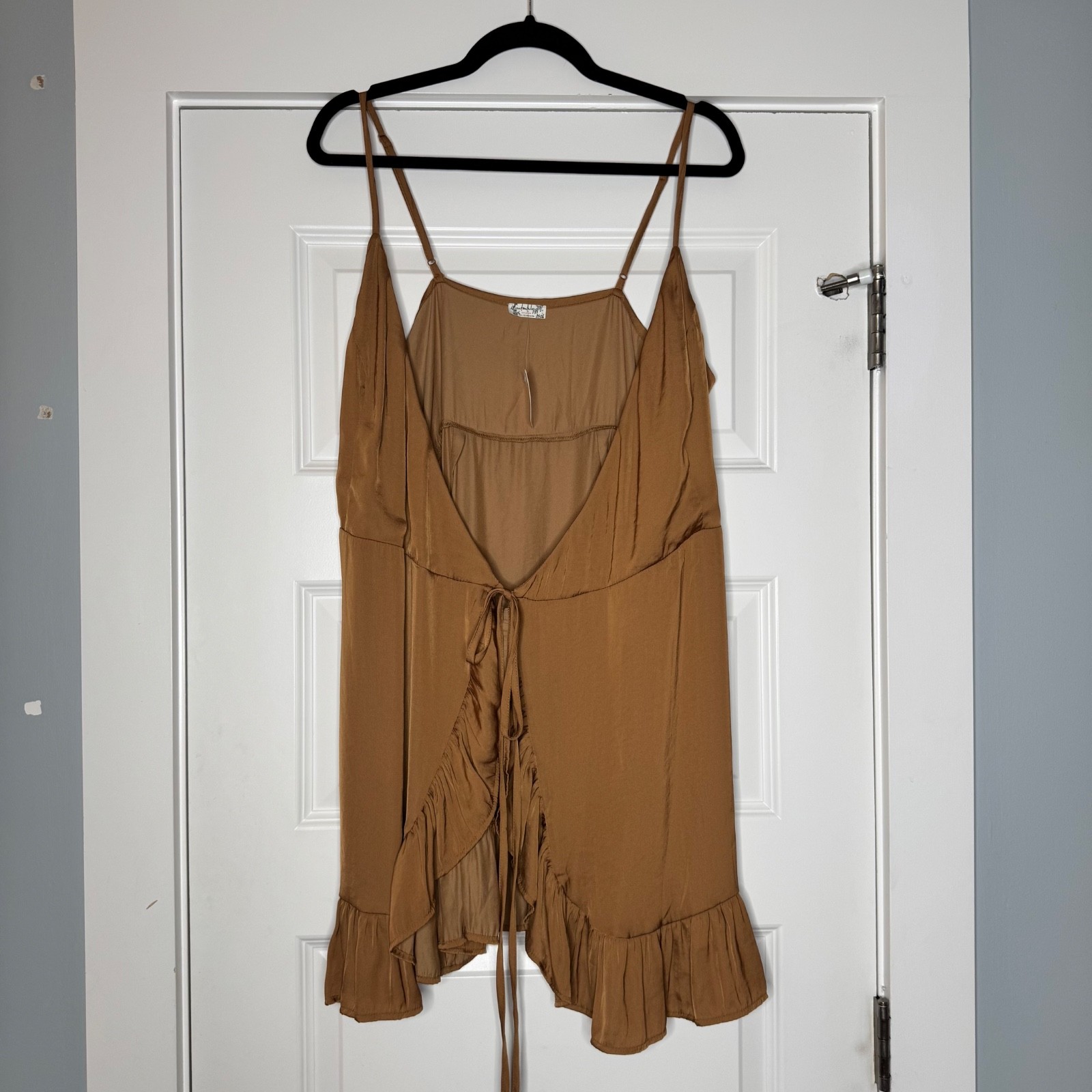 Free People All My Love Shine Mini Wrap Slip Dress Size Large Tan Brown NWT