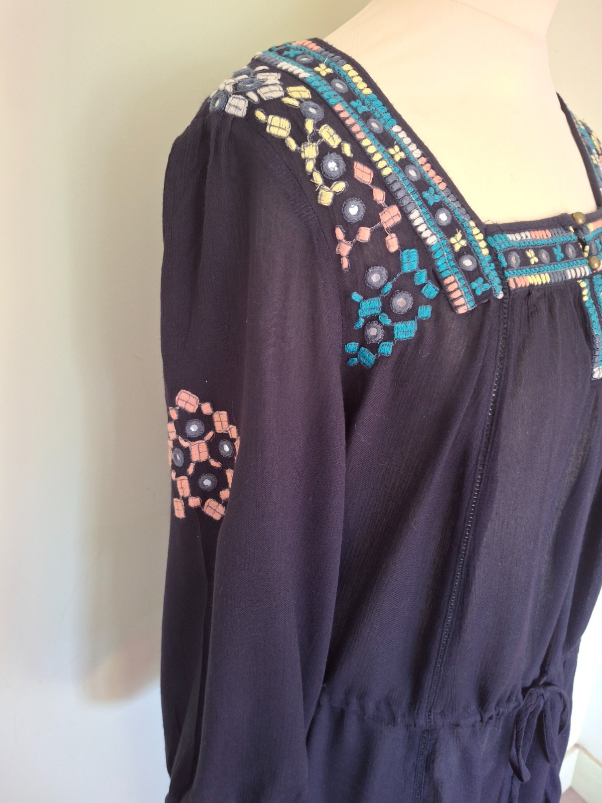 Monsoon Navy Embroidered Summer Dress UK 16 Sequin Detail Boho Tunic Beach Holid