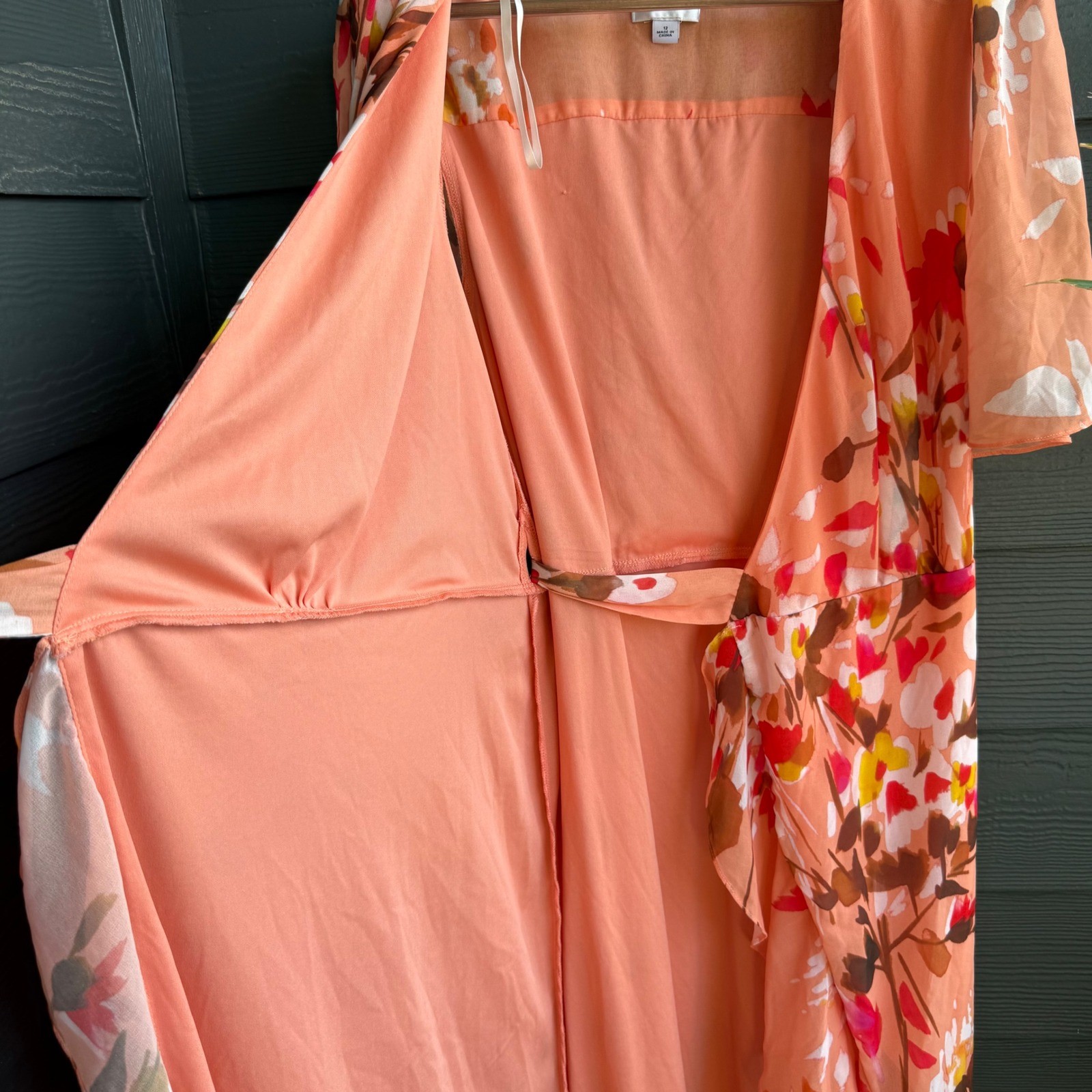 Premier Amour Floral Wrap Midi Dress Flutter Sleeve Tie Waist Peach Size 12