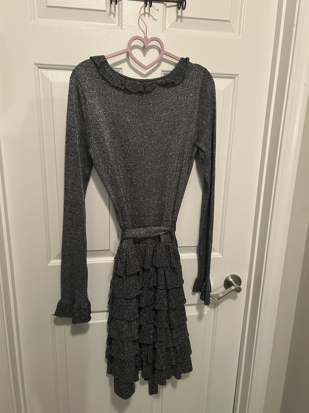 BCBGMAXAZRIA Cassie Metallic Silver/Black Long Sleeve Ruffle Sweater Dress