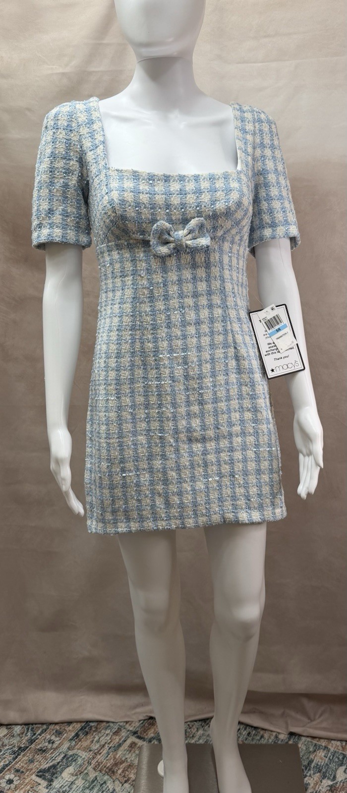 NWT B Darlin Blue & White Check Dress w/Gold Threads & Bow Size 5/6