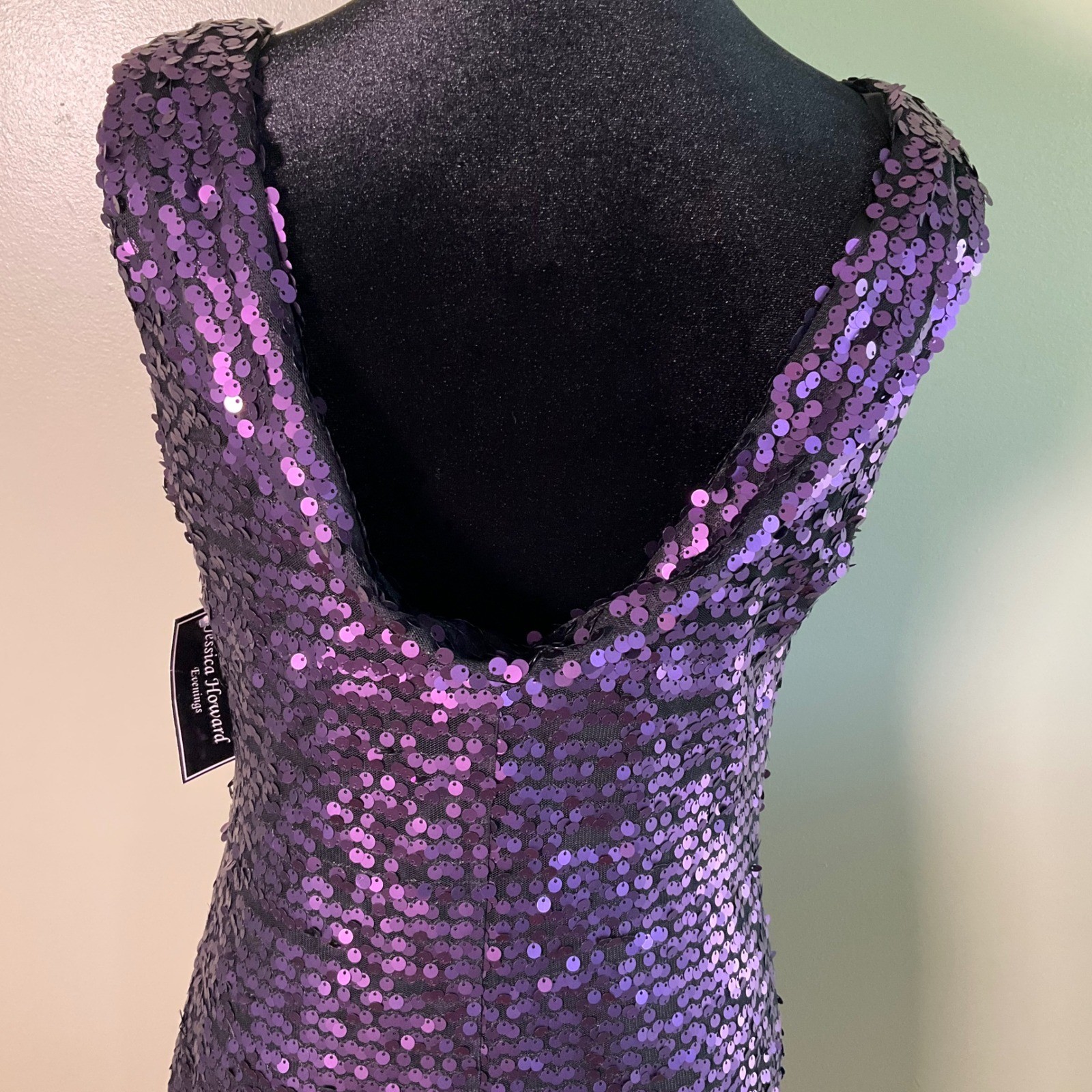 NWT Jessica Howard Sequin Mini Dress 8 Eggplant Purple Low V Back Cocktail Party