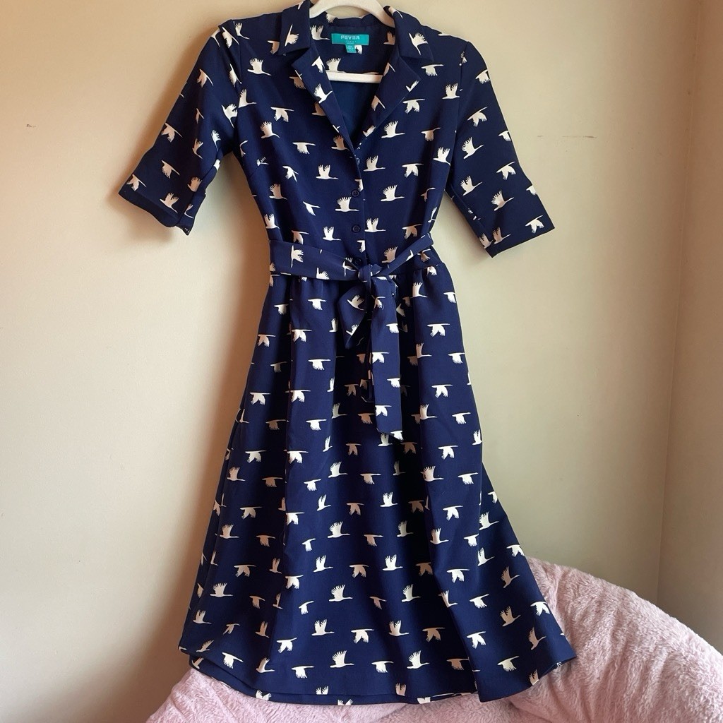 Fever London Blue White Bird Print Collared Retro Belted Midi Shirt Dress 6