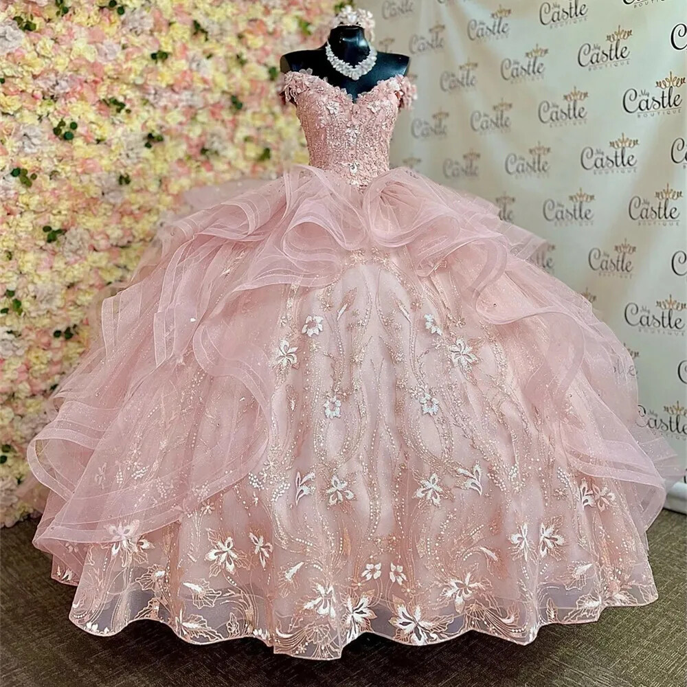 Light Pink Quinceanera Dresses 3D Flowers Ball Gown Birthday Gown Sweet 16