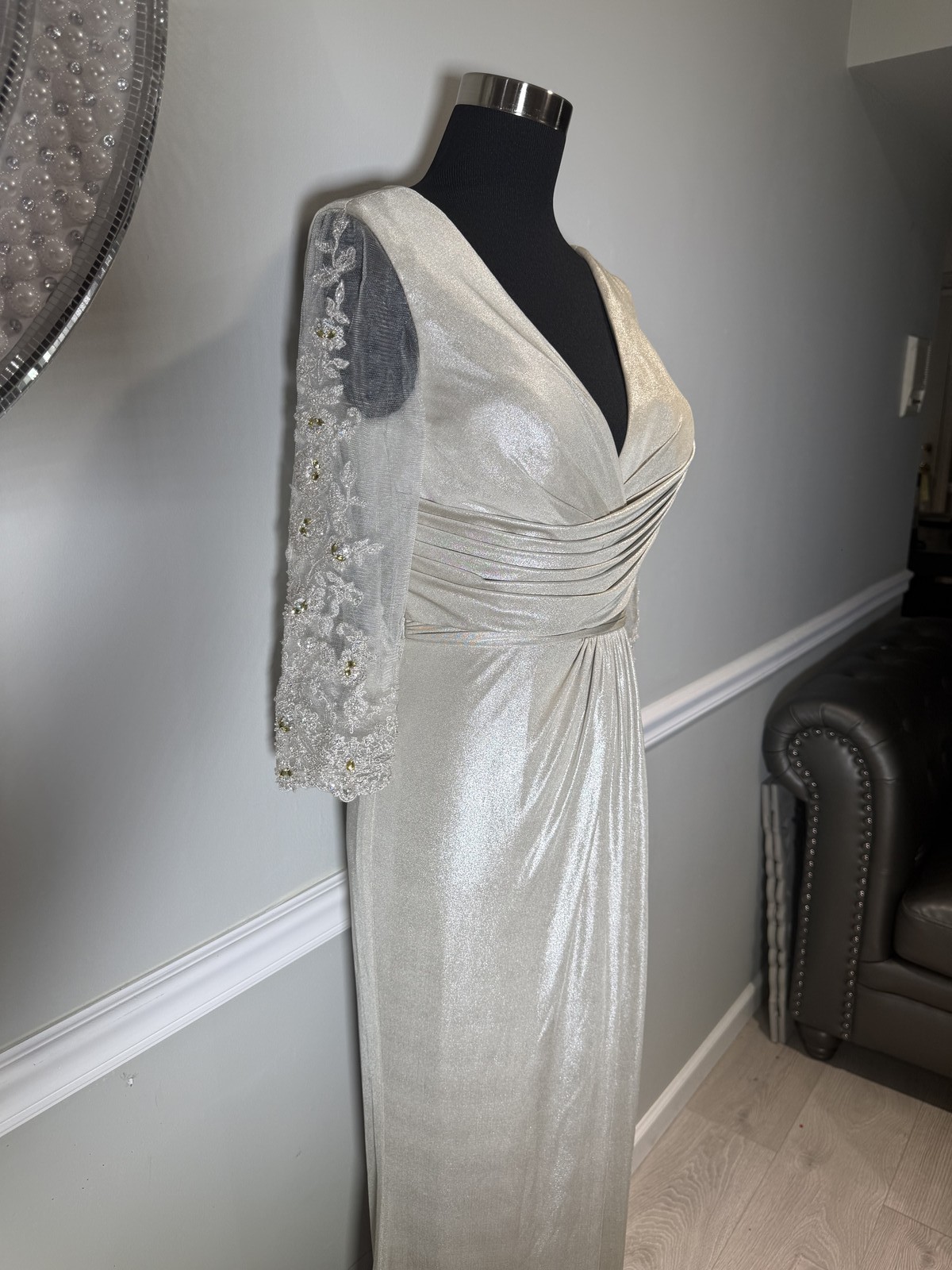 Terani Couture Light Olive Green Silver Shimmer Beaded Formal Dress Size 4