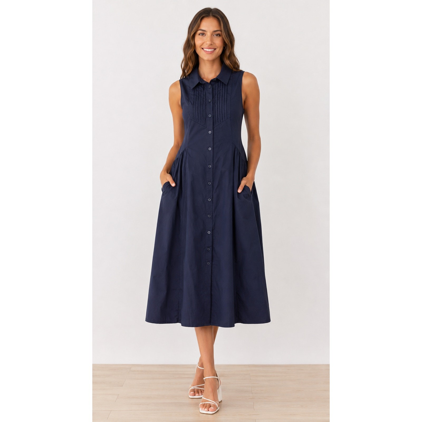 Maye Corrine Sleeveless Midi Shirt Dress Navy Blue Pintuck Womens Size Medium