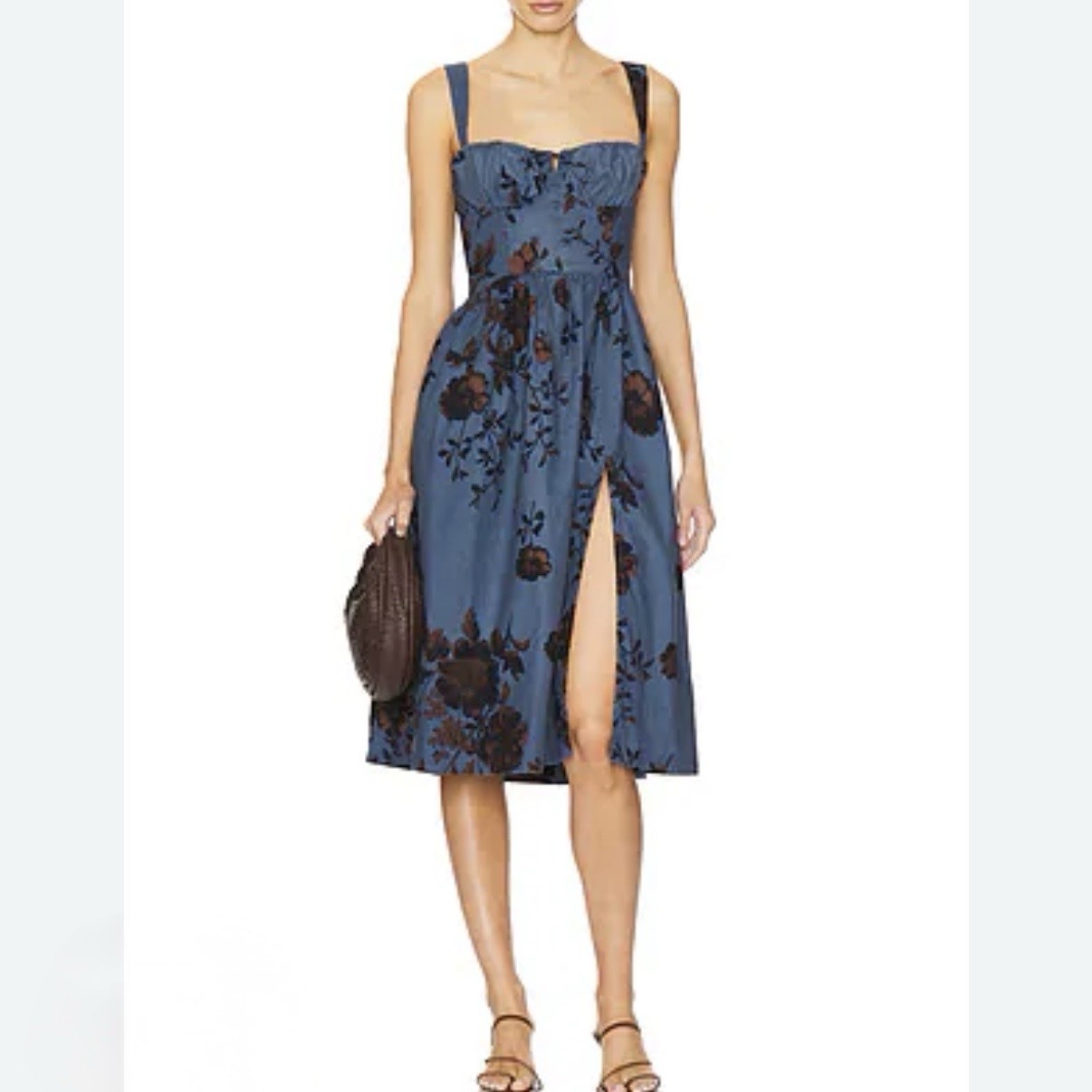 FREE PEOPLE Laters Baby Midi Dress Storm Blue Brown Milkmaid Cinch Bust Size M