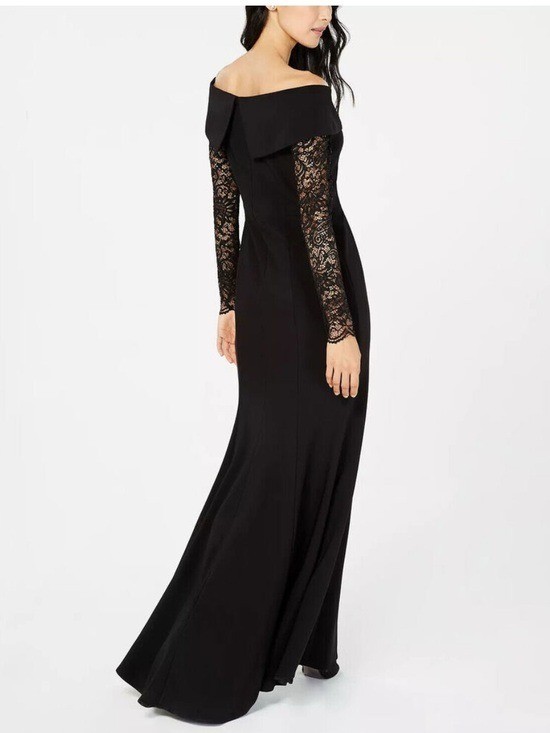 Xscape Evening Gown Off The Shoulder Sheer Lace Sleeves Front Slit Black Size 8