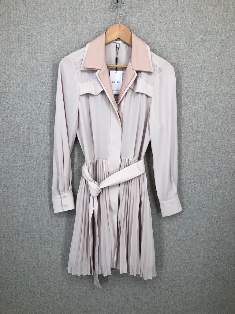 Reiss Alyana Dress UK 8 Nude Womens Pleated Flippy Belted Long Sleeve New