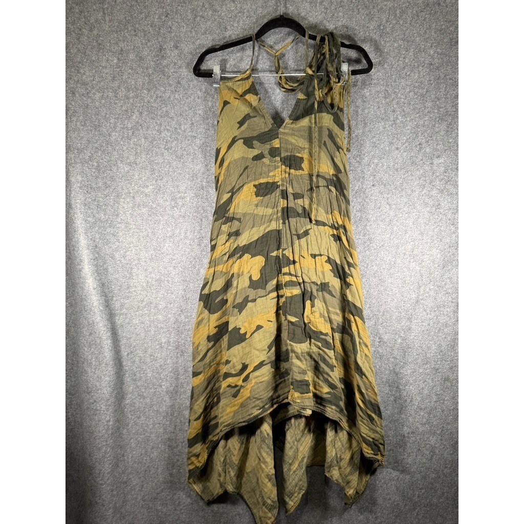 Lovestitch Camo Sharkbite Hem Halter Dress Green Brown Cotton S/M Festival Boho
