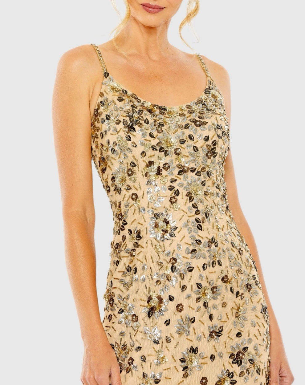 Mac Duggal New Beige Gold Embellished Scoop Neck Evening Gown Size 10 5477