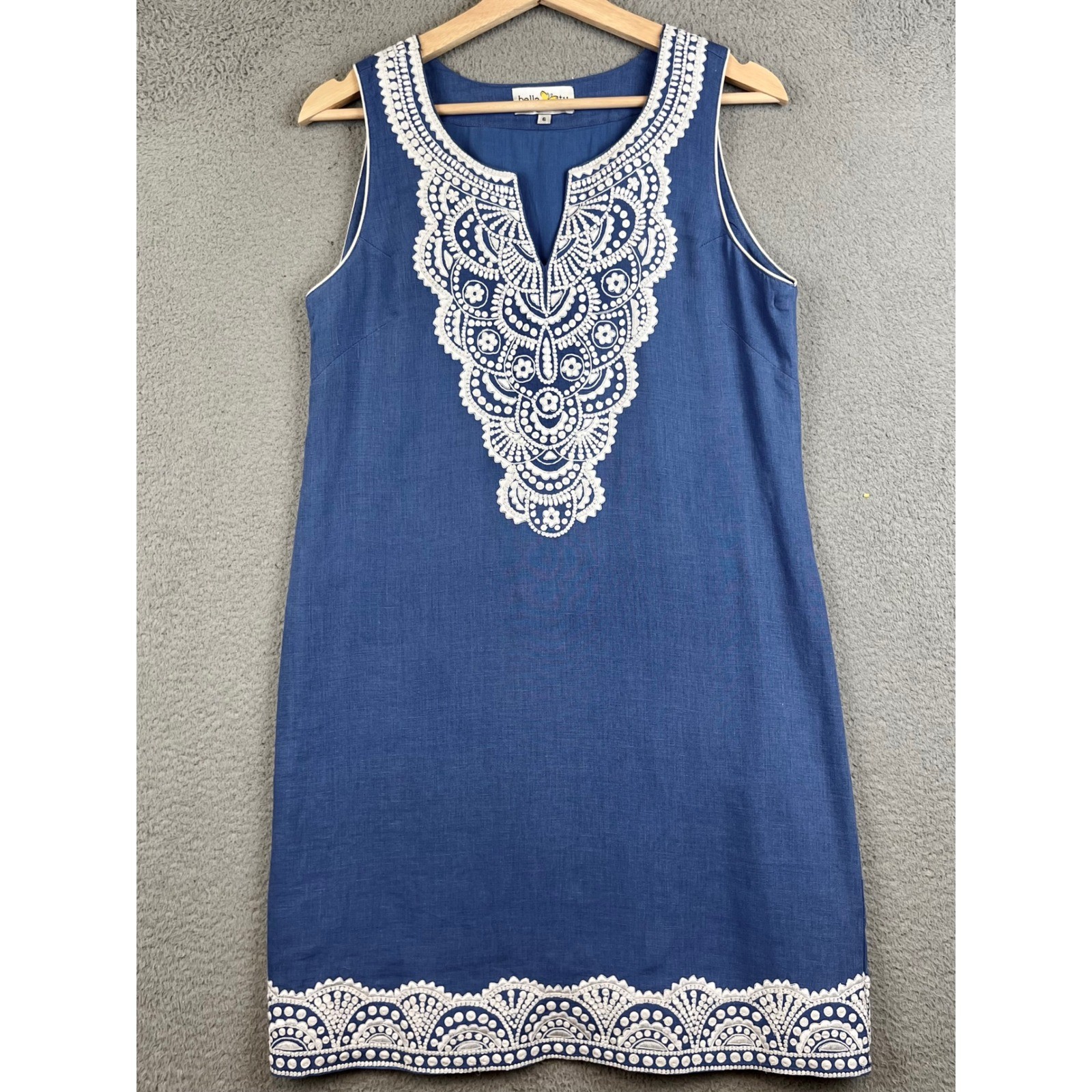 Bella Tu Blue Linen Embroidered Sleeveless Shift Dress Jeanne D Gopi Vaid Size 6