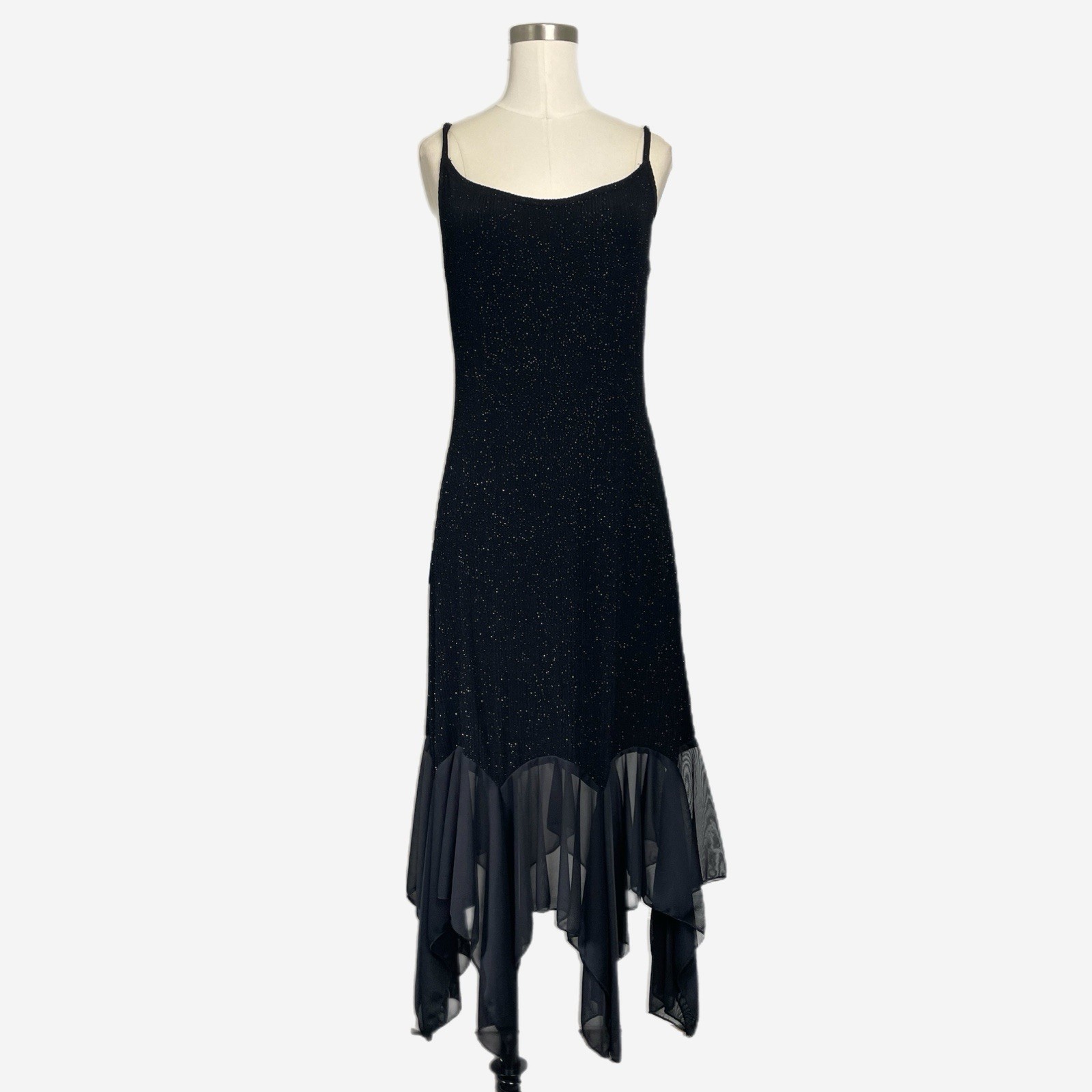 Vintage Y2K Onyx Nite Black glitter dress handkerchief hem holiday sparkle M