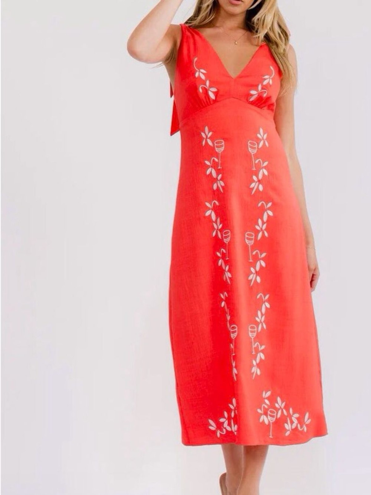0287. Coral Embroidered V-Neck Midi Dress
