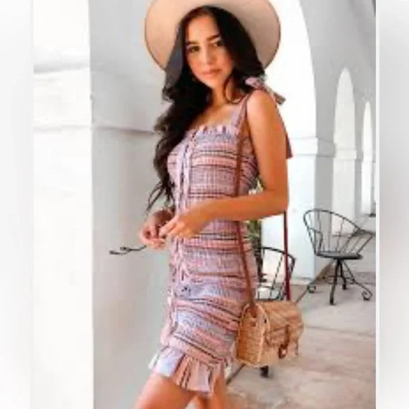 Storia women’s size M pink pastel lace up riches bow bandage mini dress striped